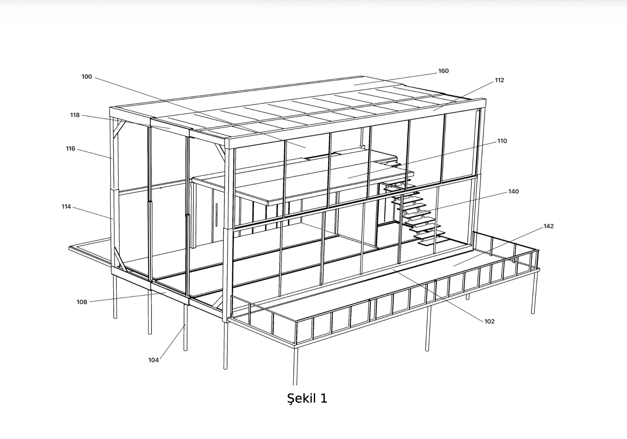 Patent drawing of the fully deployed structure with numbered components