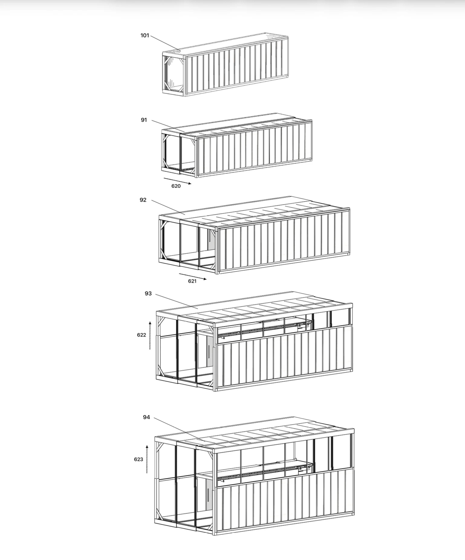 Patent drawing of the five-stage expansion sequence