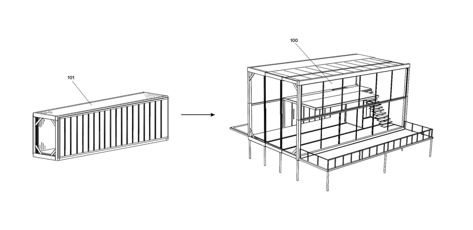 Patent drawing: transport module 101 transforming into deployed structure 100