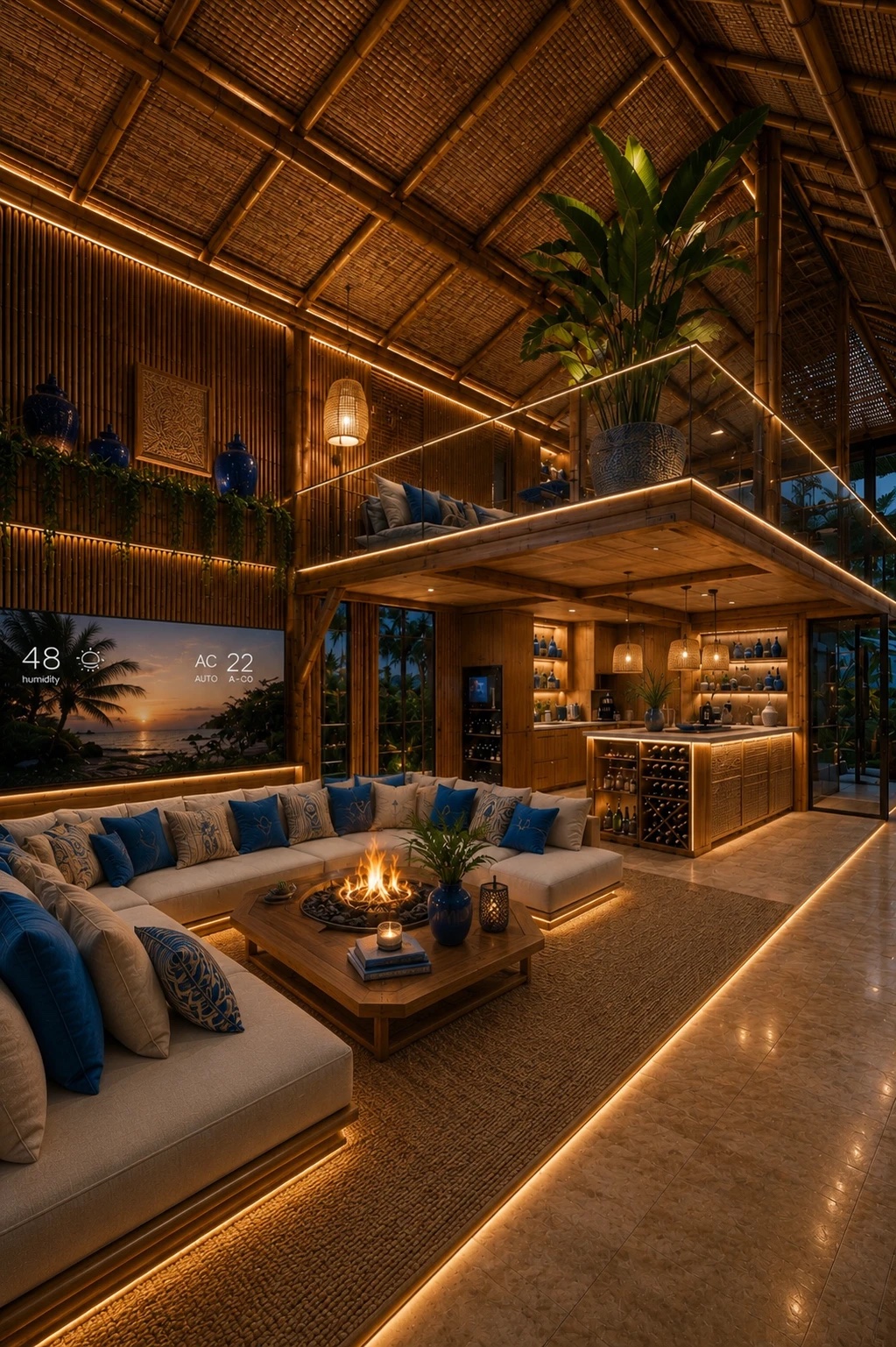 Bali interior — bamboo vaults and indigo textiles