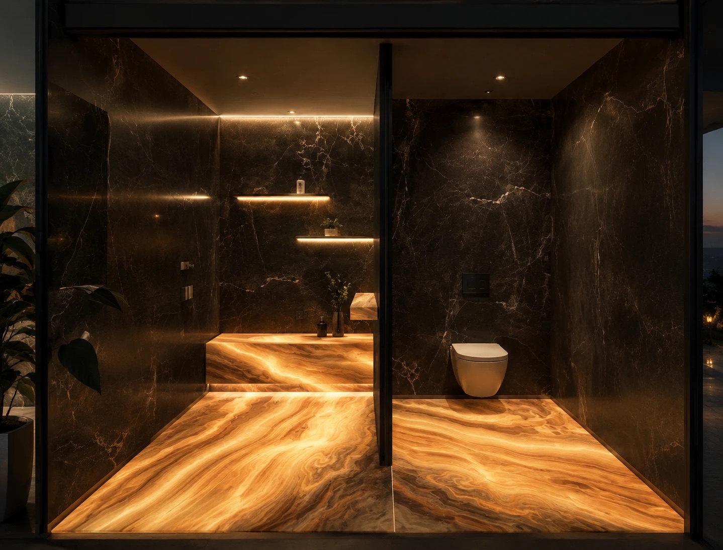 Onyx ensuite with backlit stone floor and marble walls