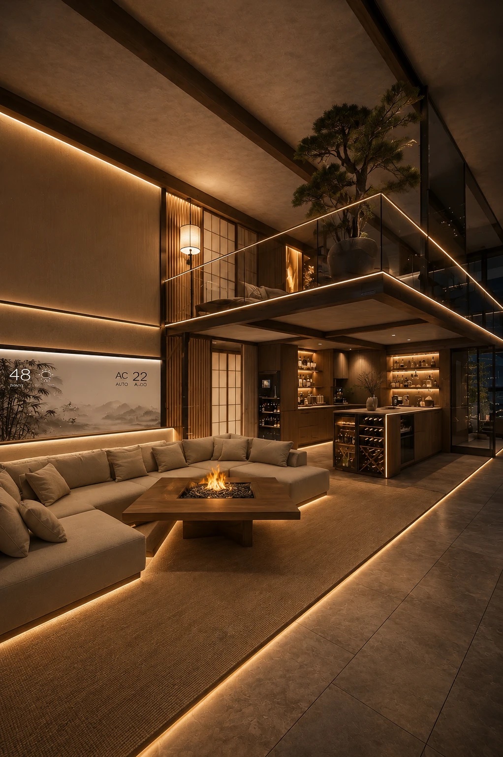 Kyoto interior — light timber, shoji screens, bonsai mezzanine