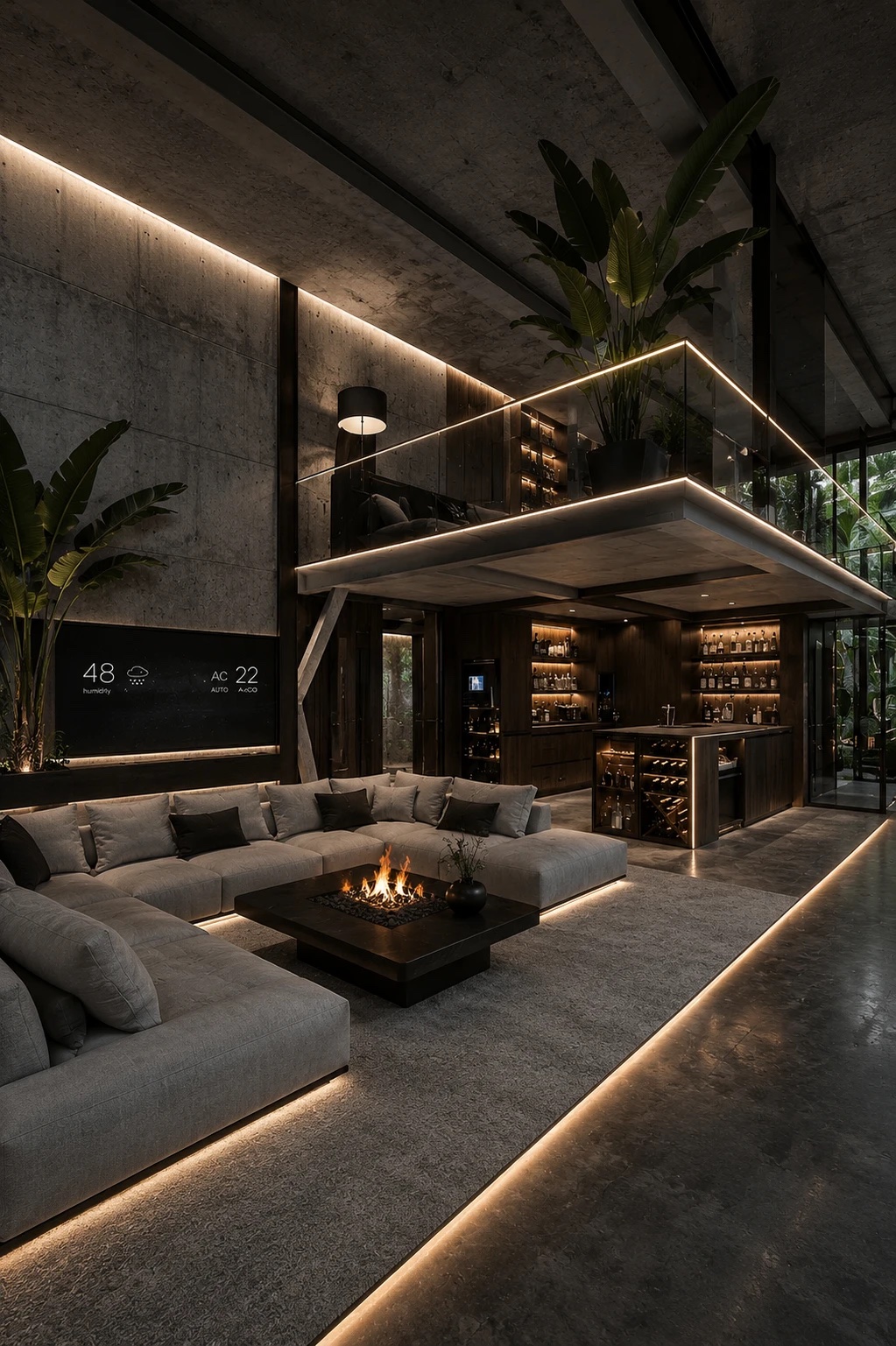 Noir interior — raw concrete, dark oak, and warm light lines