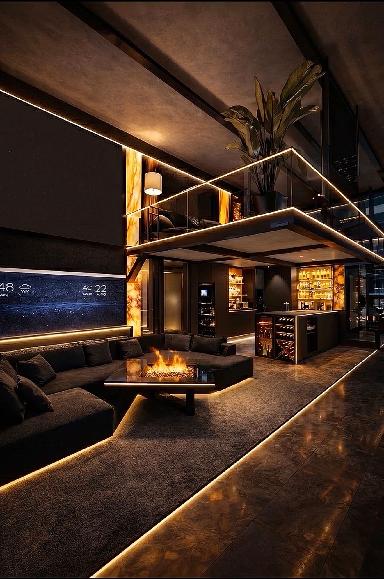 Onyx interior — backlit stone, brass light lines, and a fire table