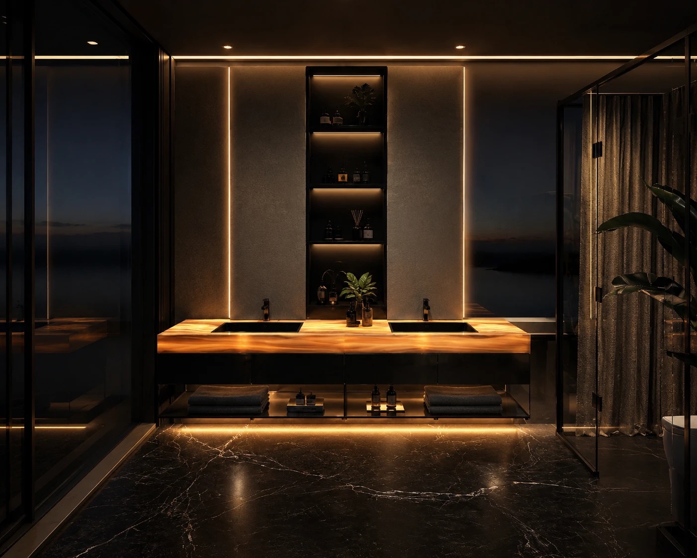 Onyx vanity with illuminated stone countertop and twin basins