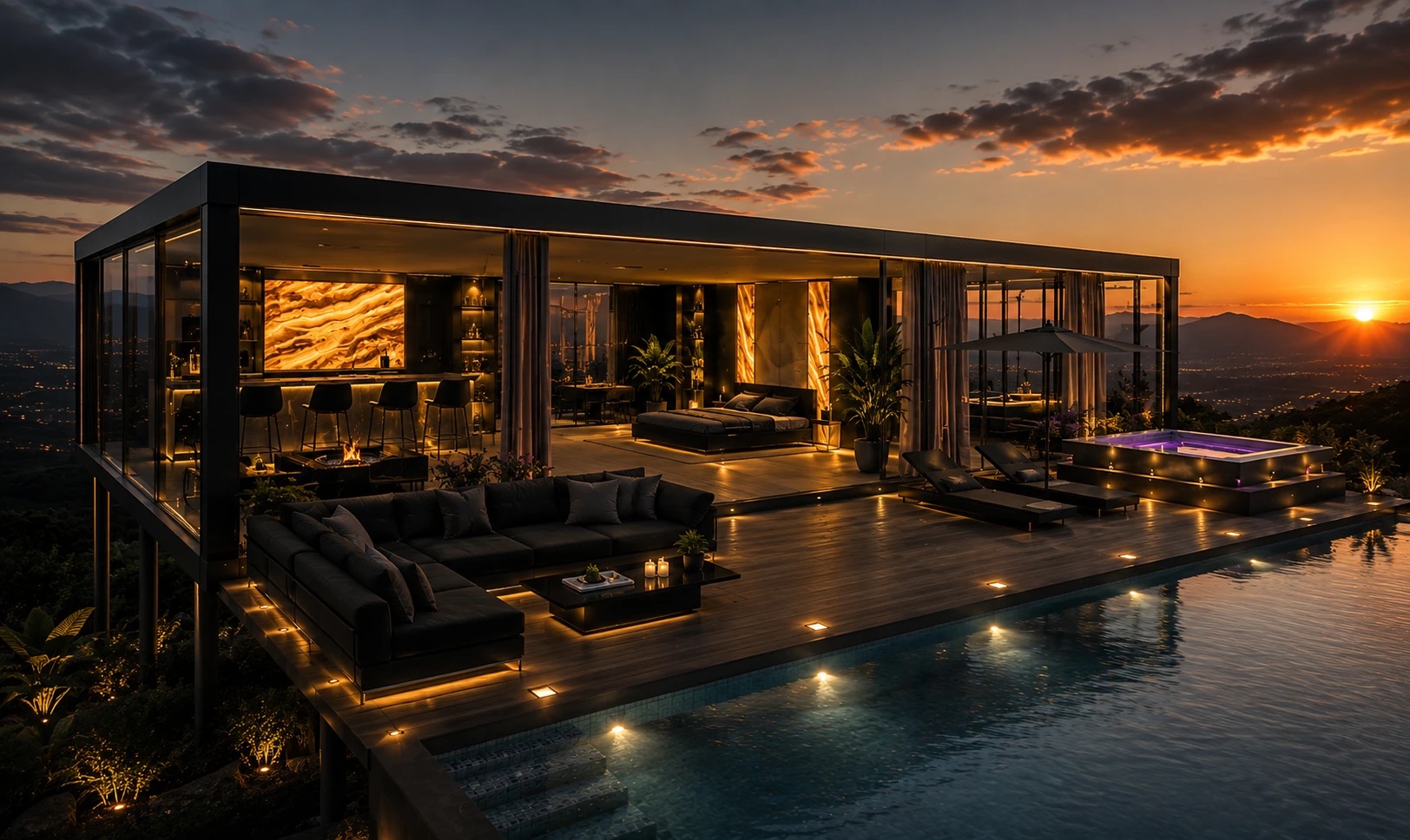 CyberVilla One at night with terrace and spa deck