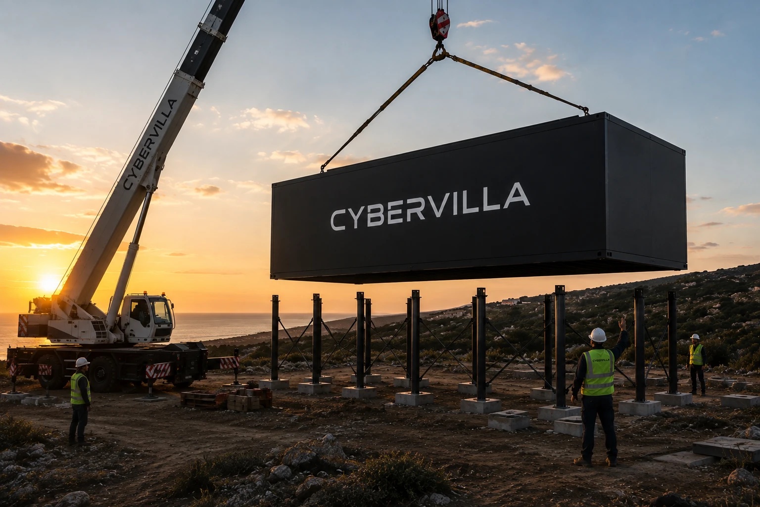 Crane setting the CyberVilla module onto its foundation piers