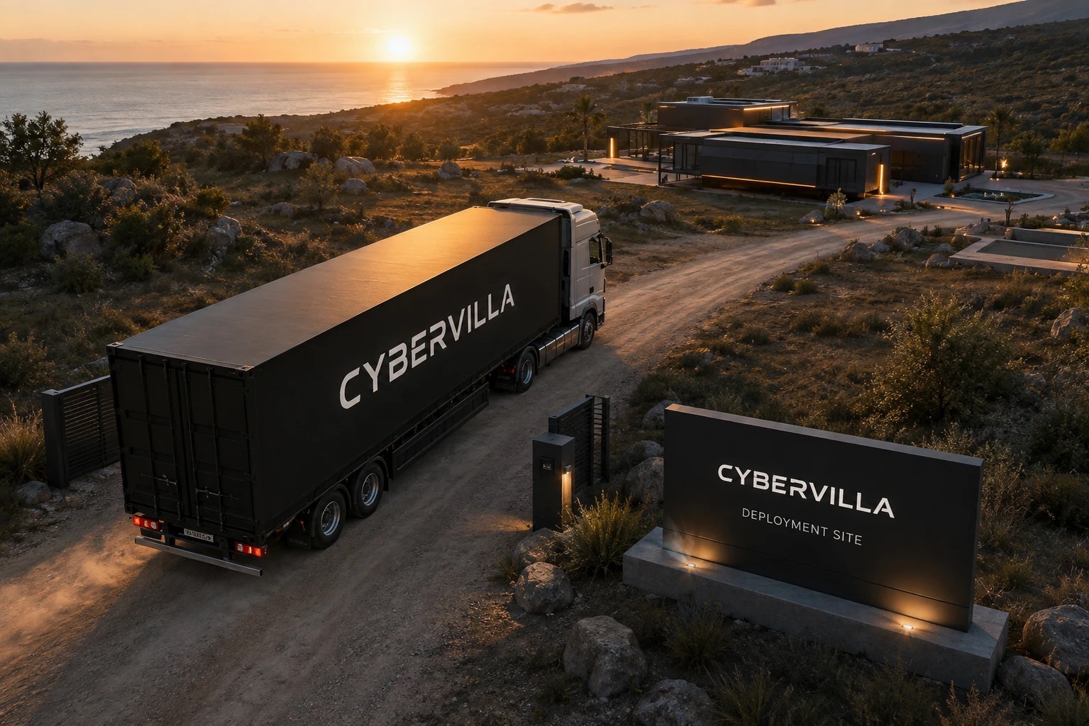 CyberVilla trailer arriving at a coastal deployment site at sunset
