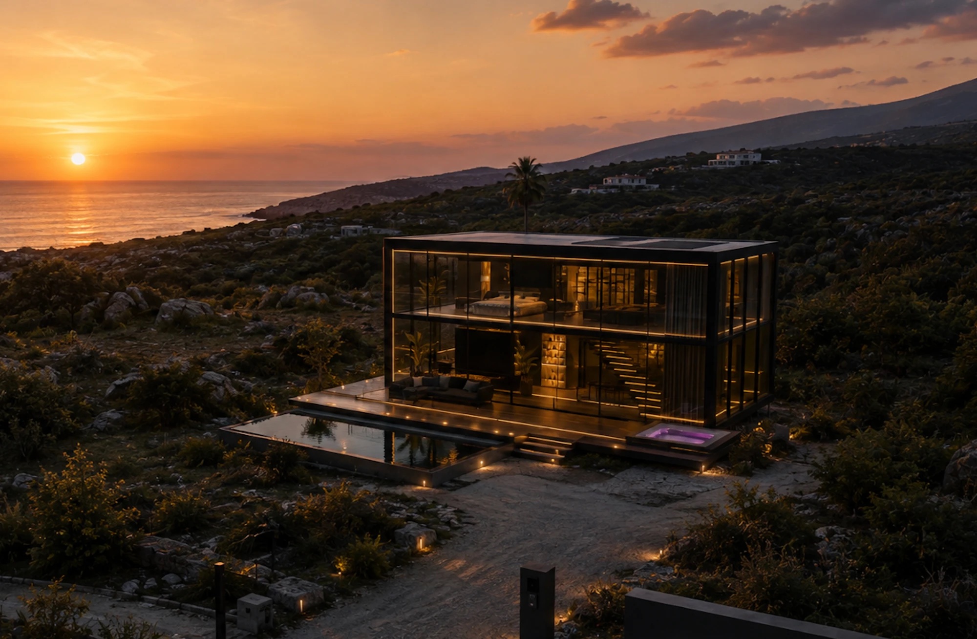 CyberVilla Pro deployed on the coastal site at sunset, pool filled and lights on